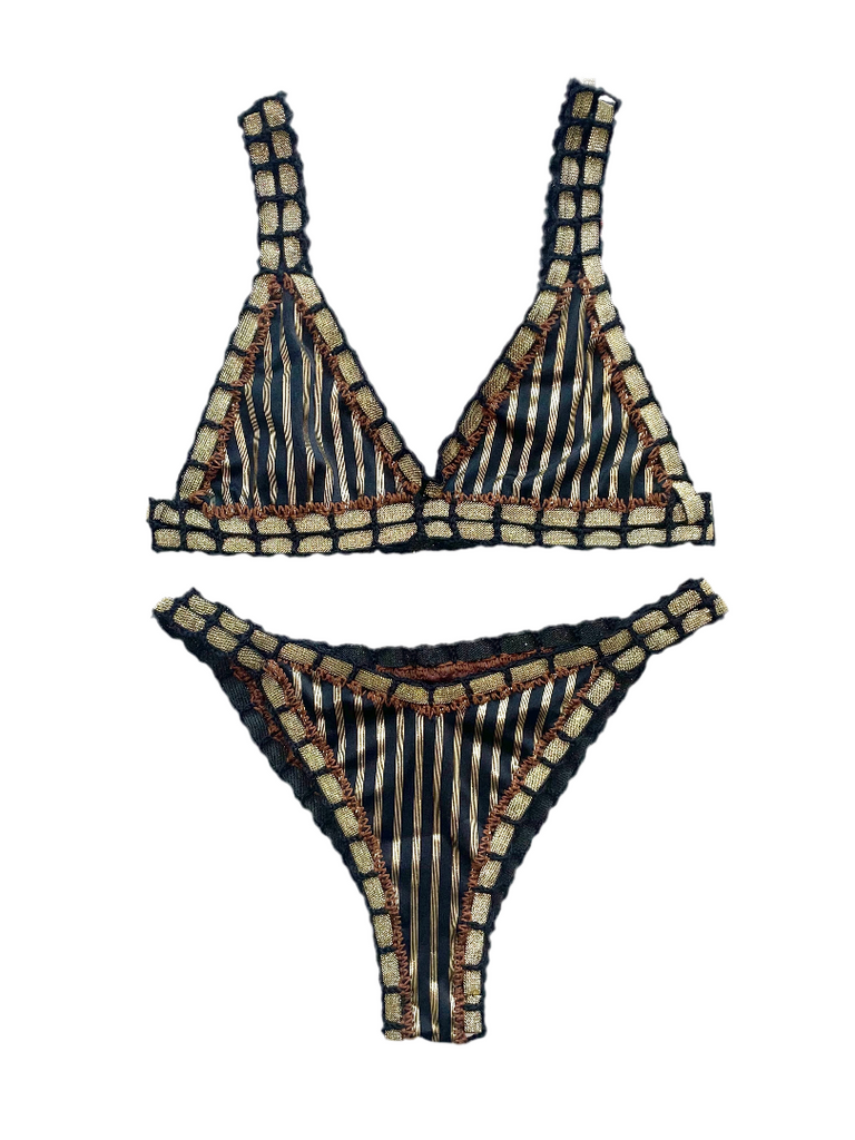 Bikini artesanal rayado oro metálico & moca - GALATEA SWIMWEAR
