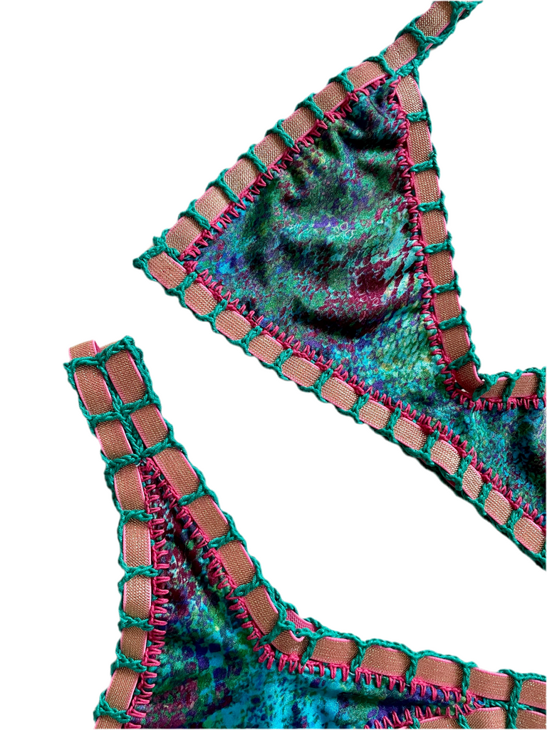 Bikini artesanal TOP BALCONETTE Peacock & emerald - GALATEA SWIMWEAR