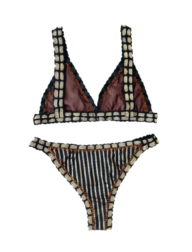 Bikini artesanal rayado oro metálico & moca - GALATEA SWIMWEAR