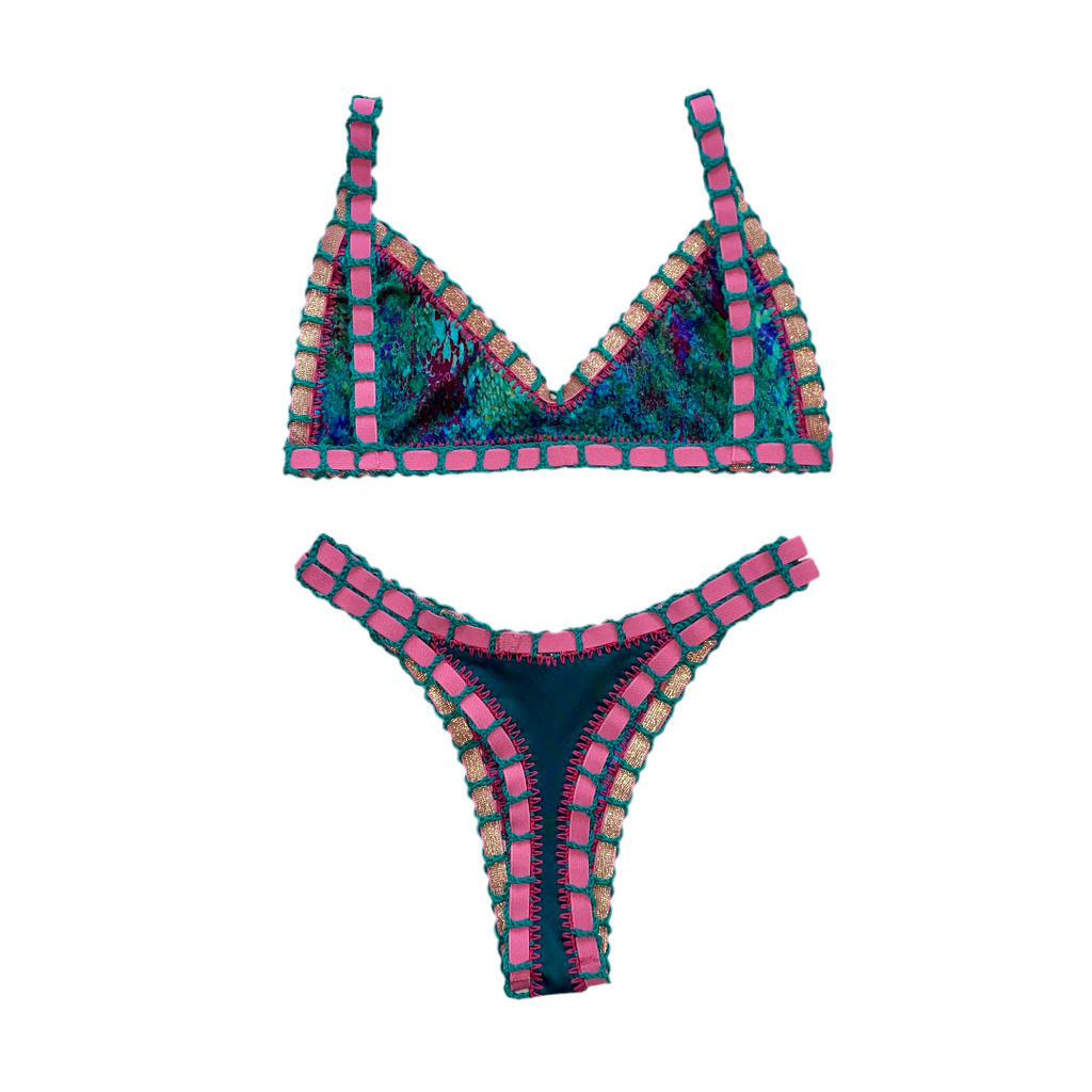 Bikini artesanal TOP BALCONETTE Peacock & emerald - GALATEA SWIMWEAR