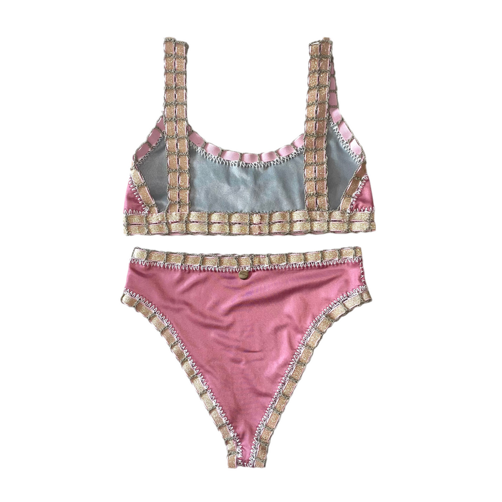 Bikini artesanal TOP SPORT rosa wet & plata wet - GALATEA SWIMWEAR