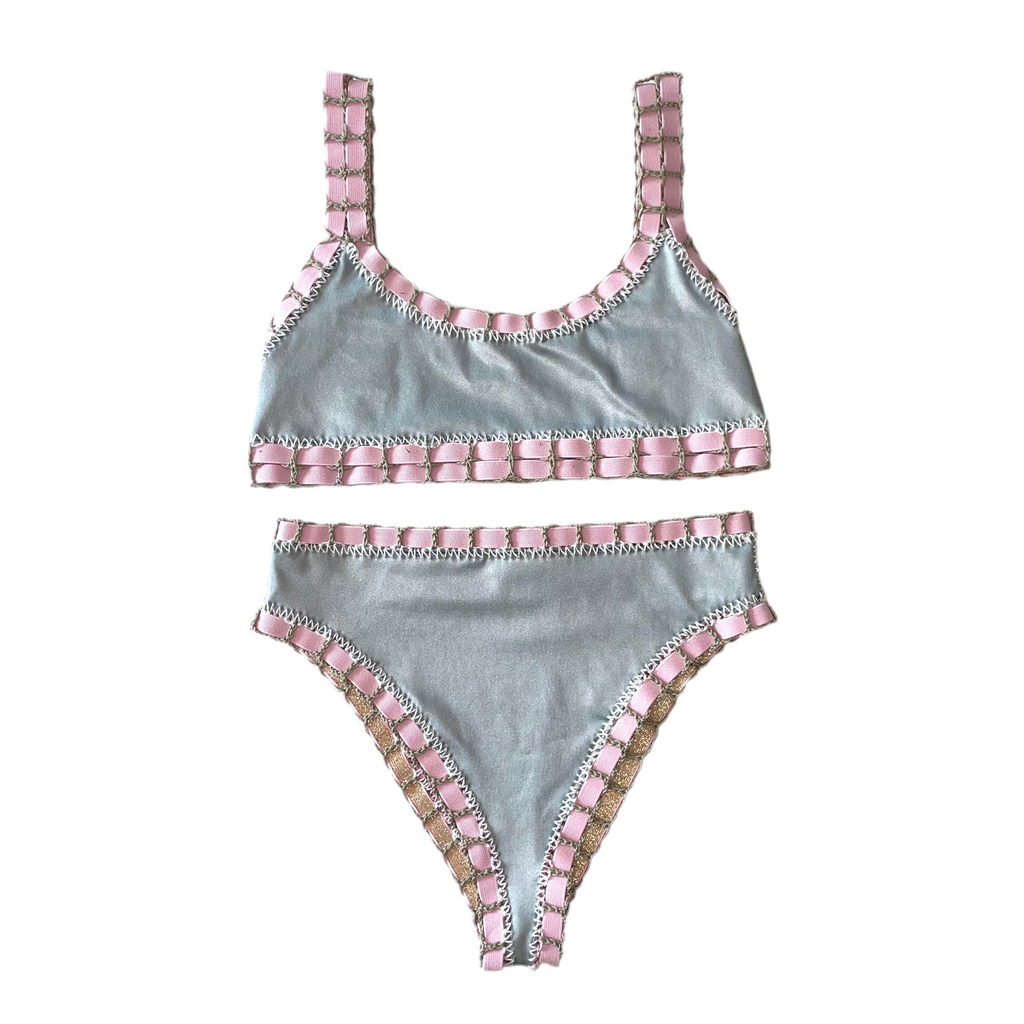 Bikini artesanal TOP SPORT rosa wet & plata wet - GALATEA SWIMWEAR
