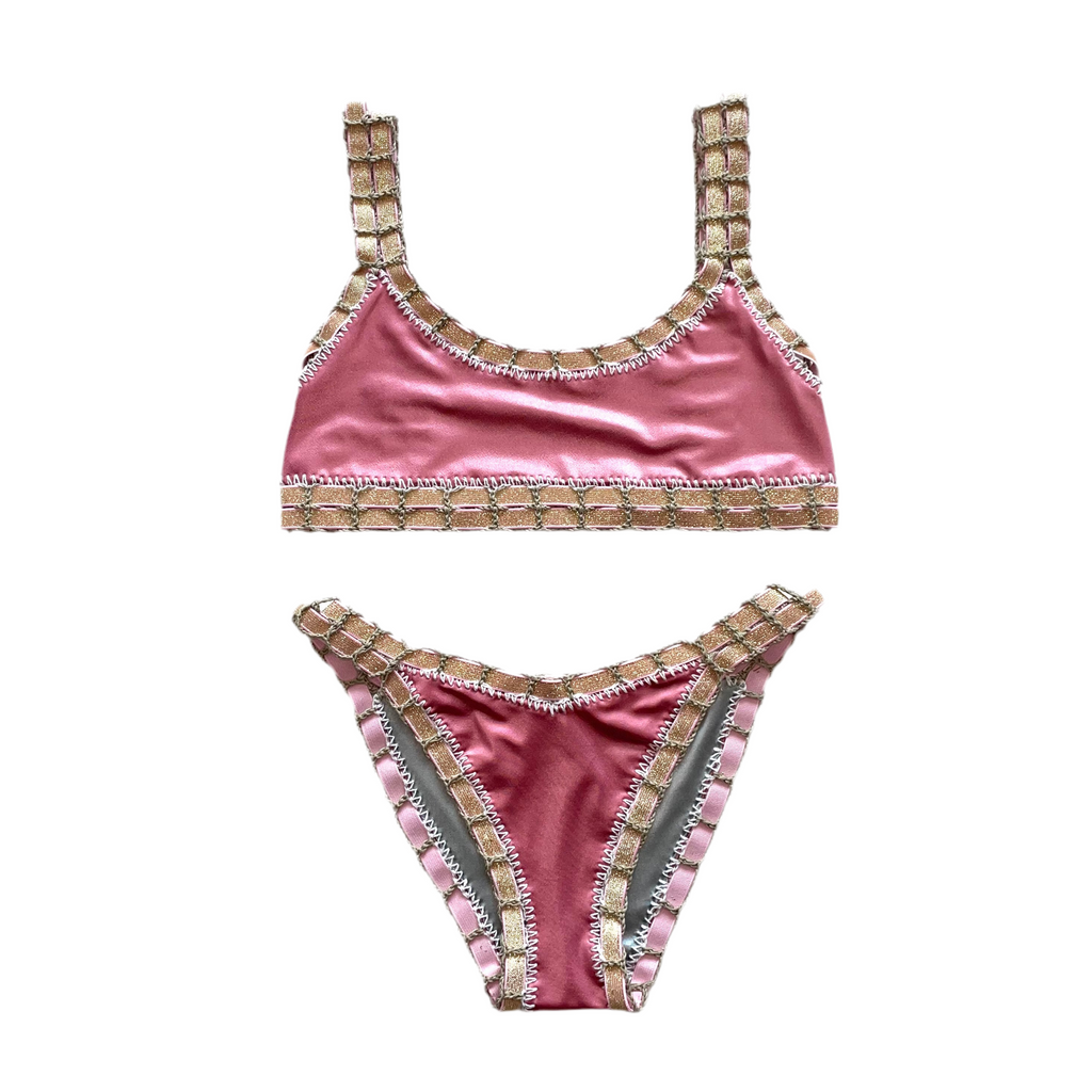 Bikini artesanal TOP SPORT rosa wet & plata wet - GALATEA SWIMWEAR