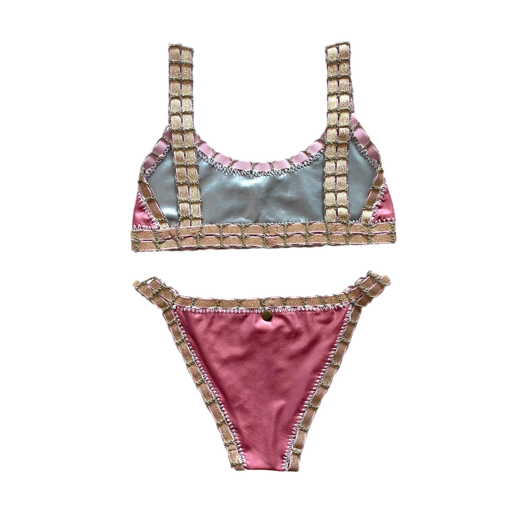 Bikini artesanal TOP SPORT rosa wet & plata wet - GALATEA SWIMWEAR