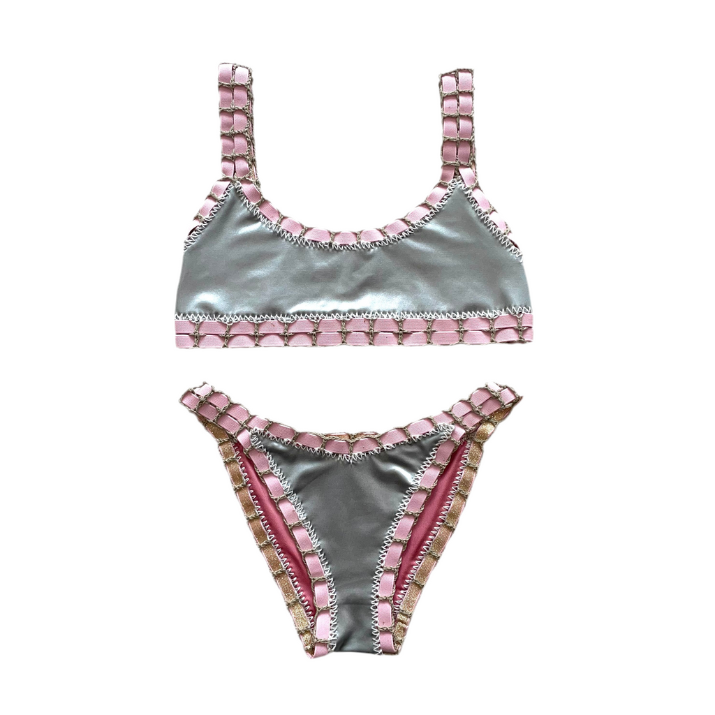 Bikini artesanal TOP SPORT rosa wet & plata wet - GALATEA SWIMWEAR