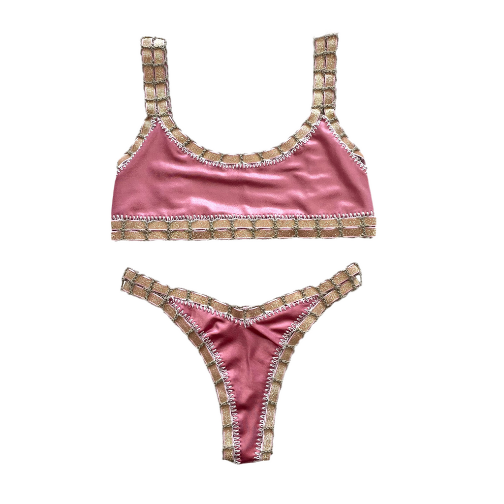 Bikini artesanal TOP SPORT rosa wet & plata wet - GALATEA SWIMWEAR