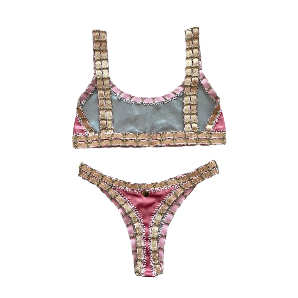 Bikini artesanal TOP SPORT rosa wet & plata wet - GALATEA SWIMWEAR