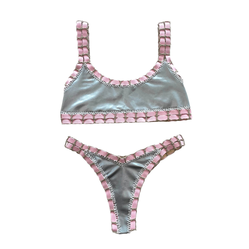 Bikini artesanal TOP SPORT rosa wet & plata wet - GALATEA SWIMWEAR