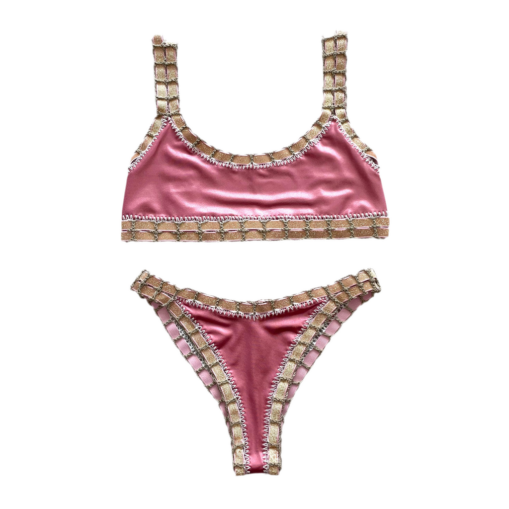 Bikini artesanal TOP SPORT rosa wet & plata wet - GALATEA SWIMWEAR