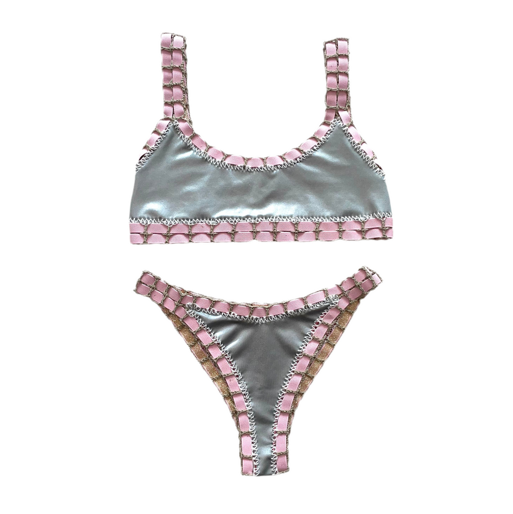 Bikini artesanal TOP SPORT rosa wet & plata wet - GALATEA SWIMWEAR