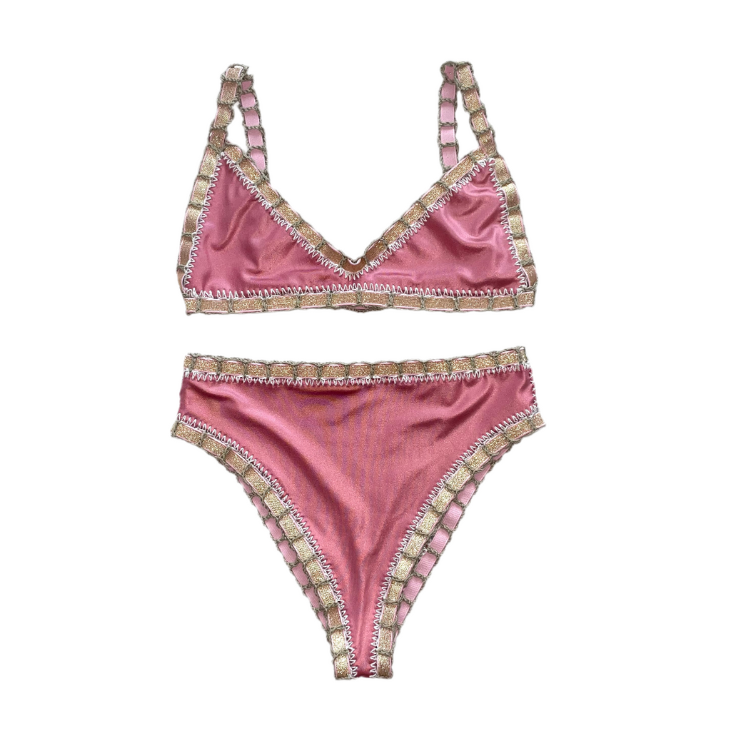 Bikini artesanal TOP BALCONETTE rosa wet & plata wet - GALATEA SWIMWEAR