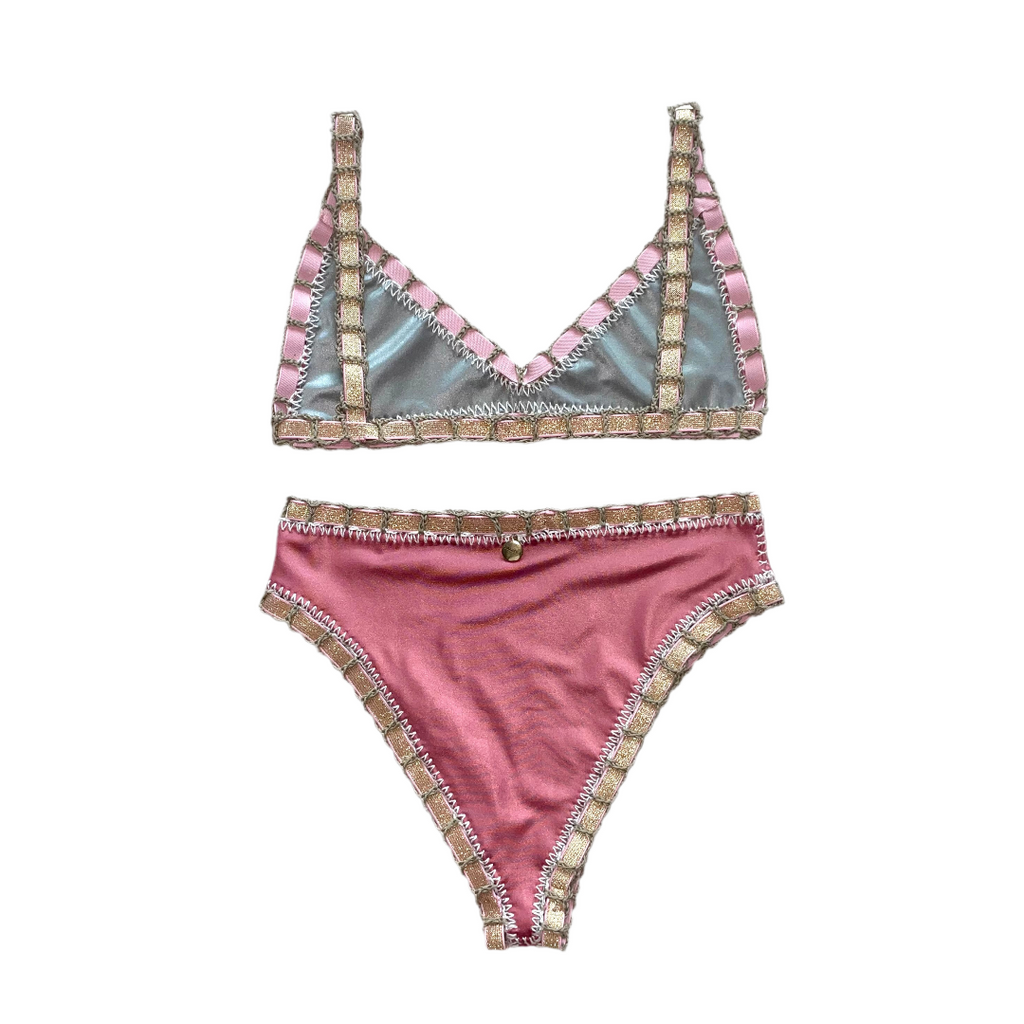 Bikini artesanal TOP BALCONETTE rosa wet & plata wet - GALATEA SWIMWEAR