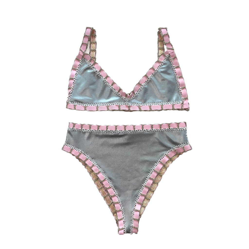 Bikini artesanal TOP BALCONETTE rosa wet & plata wet - GALATEA SWIMWEAR