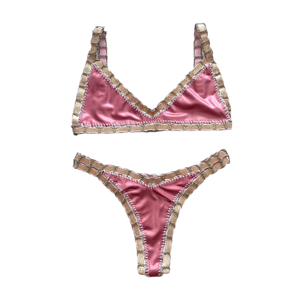 Bikini artesanal TOP BALCONETTE rosa wet & plata wet - GALATEA SWIMWEAR