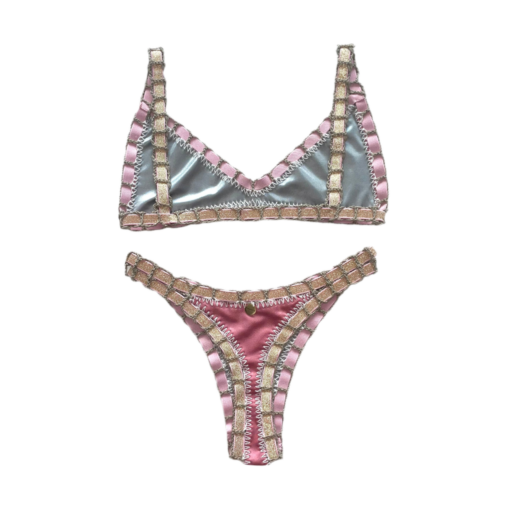 Bikini artesanal TOP BALCONETTE rosa wet & plata wet - GALATEA SWIMWEAR