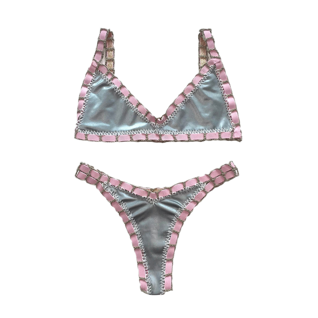 Bikini artesanal TOP BALCONETTE rosa wet & plata wet - GALATEA SWIMWEAR