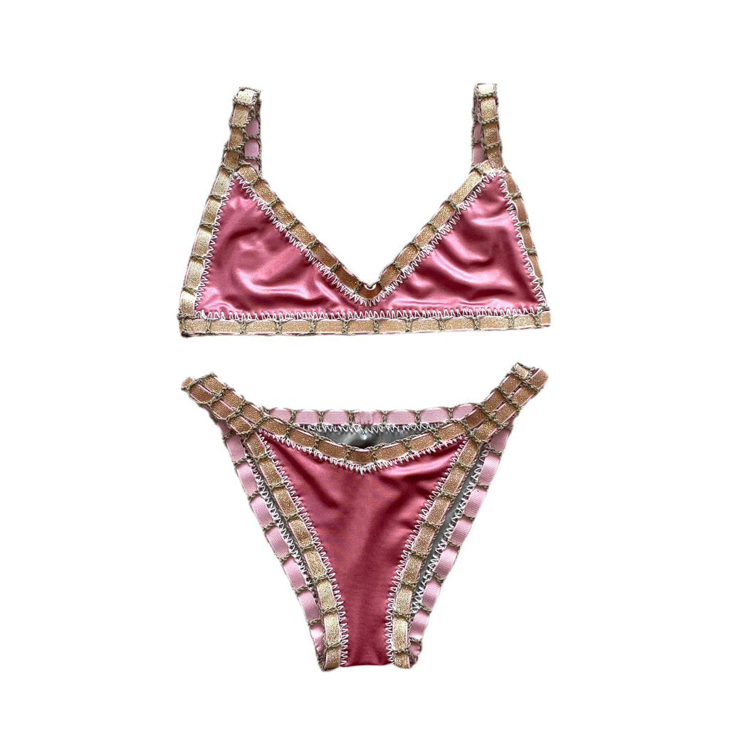 Bikini artesanal TOP BALCONETTE rosa wet & plata wet - GALATEA SWIMWEAR