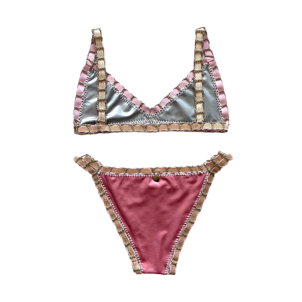Bikini artesanal TOP BALCONETTE rosa wet & plata wet - GALATEA SWIMWEAR