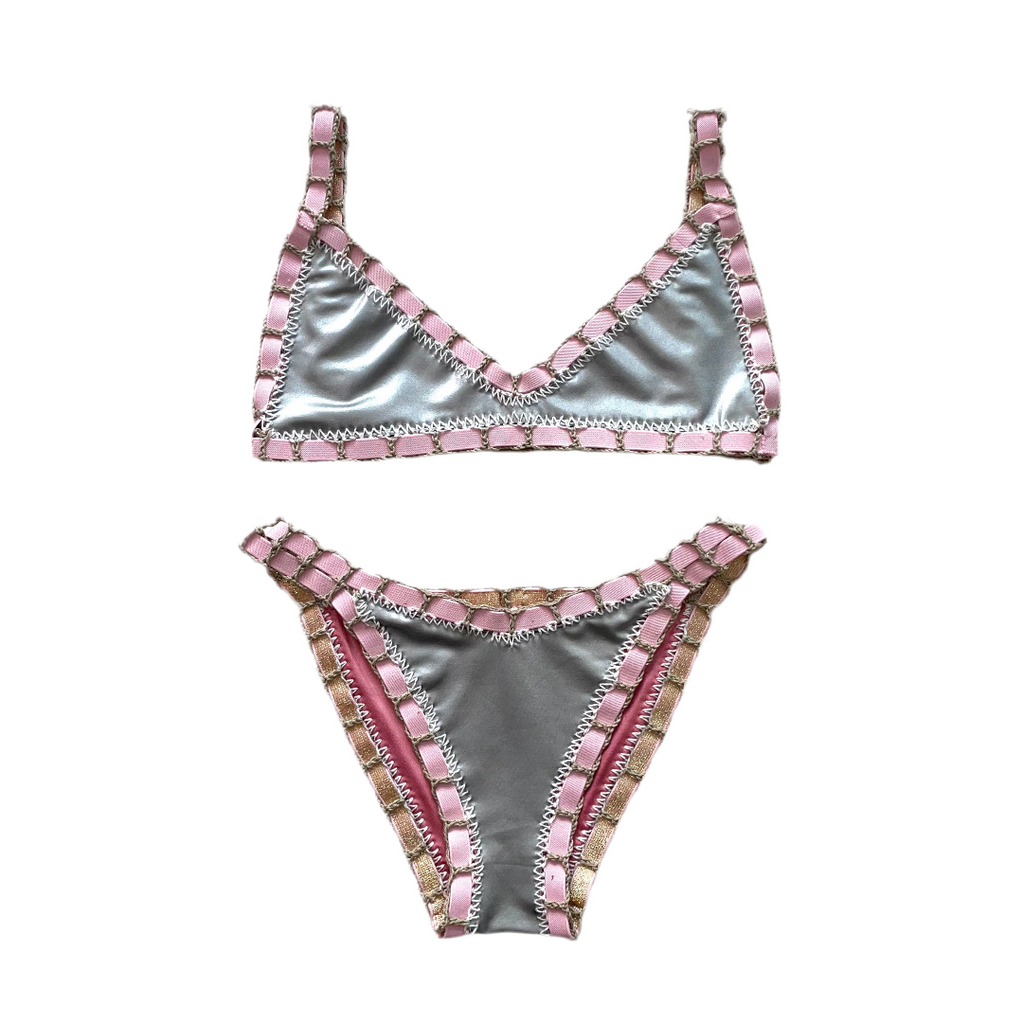 Bikini artesanal TOP BALCONETTE rosa wet & plata wet - GALATEA SWIMWEAR