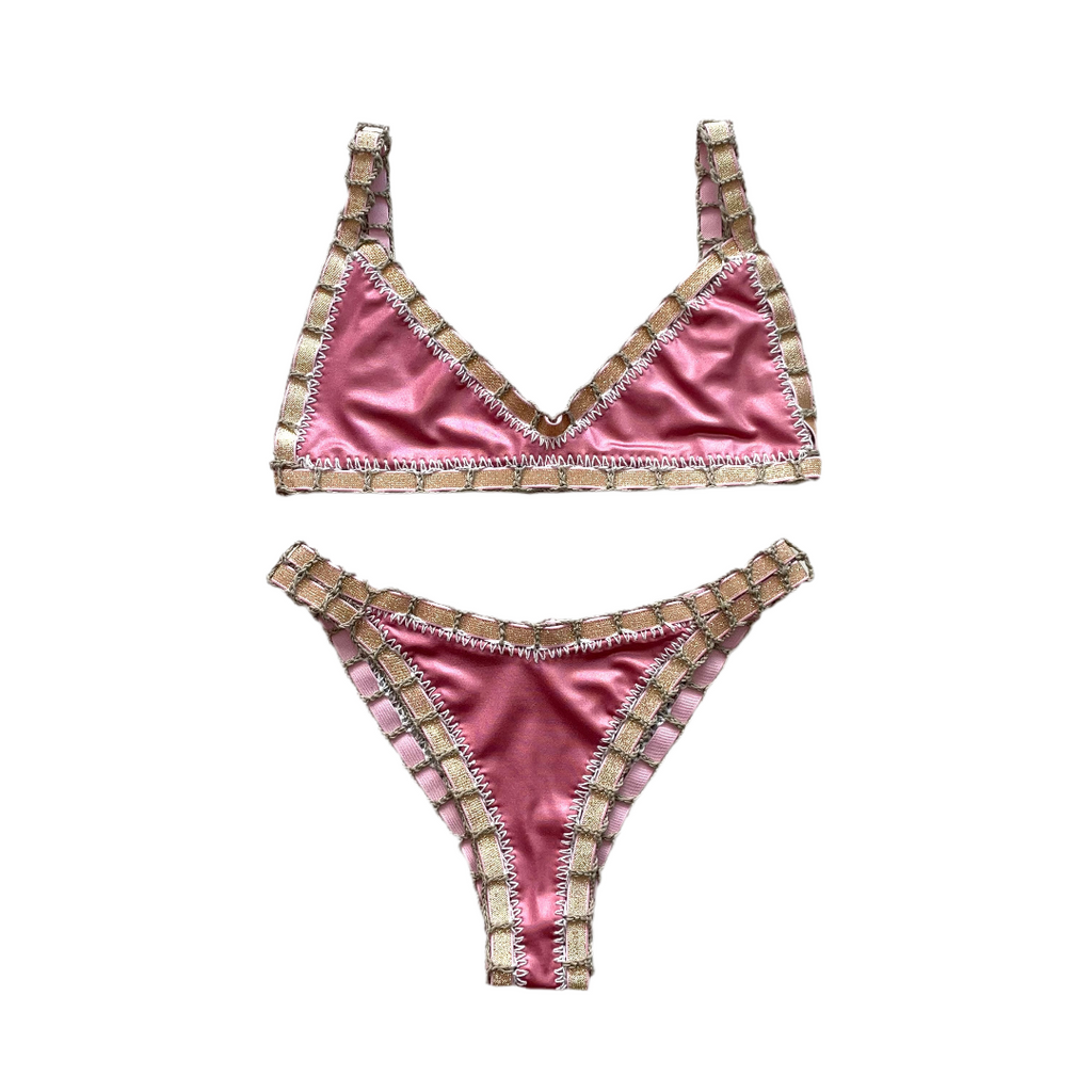 Bikini artesanal TOP BALCONETTE rosa wet & plata wet - GALATEA SWIMWEAR