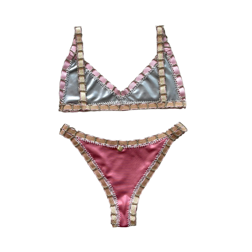 Bikini artesanal TOP BALCONETTE rosa wet & plata wet - GALATEA SWIMWEAR