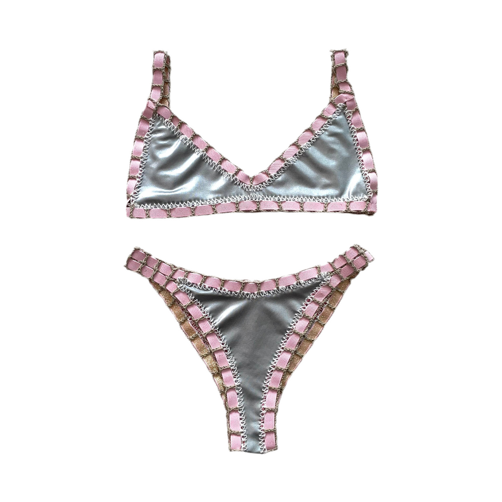 Bikini artesanal TOP BALCONETTE rosa wet & plata wet - GALATEA SWIMWEAR