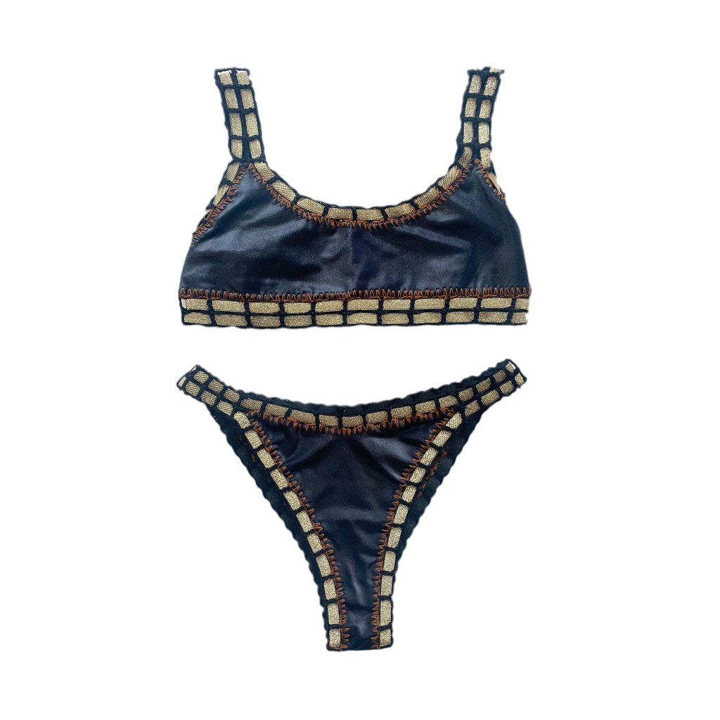 Bikini artesanal TOP SPORT negro wet & chocolate - GALATEA SWIMWEAR