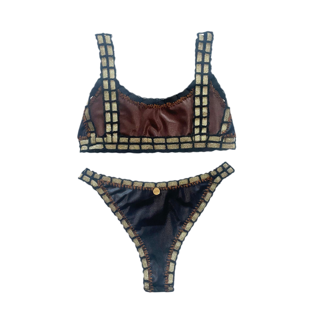 Bikini artesanal TOP SPORT negro wet & chocolate - GALATEA SWIMWEAR