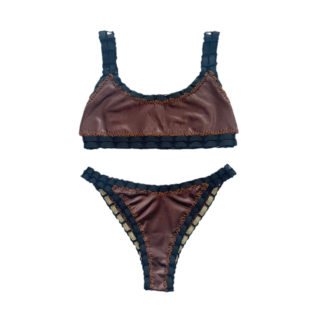 Bikini artesanal TOP SPORT negro wet & chocolate - GALATEA SWIMWEAR