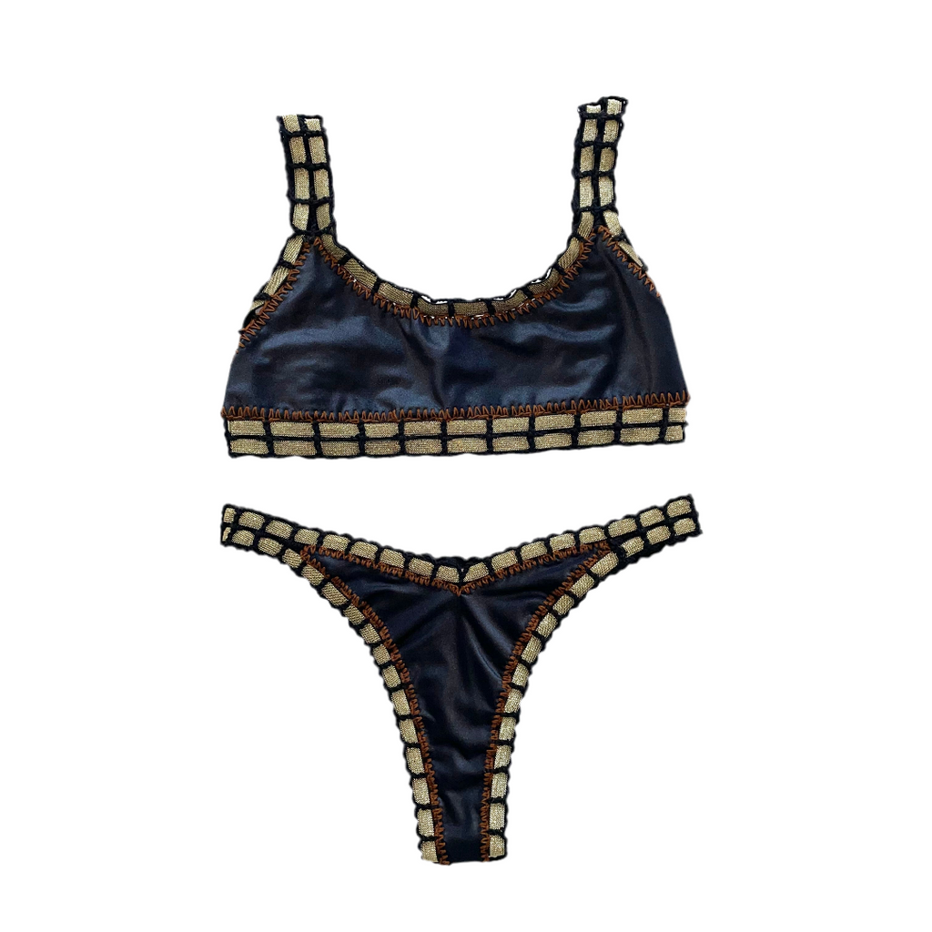 Bikini artesanal TOP SPORT negro wet & chocolate - GALATEA SWIMWEAR