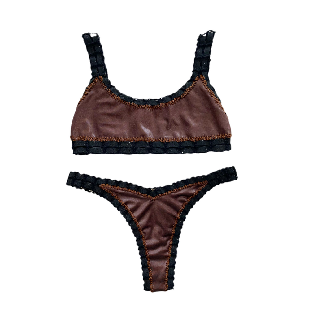 Bikini artesanal TOP SPORT negro wet & chocolate - GALATEA SWIMWEAR
