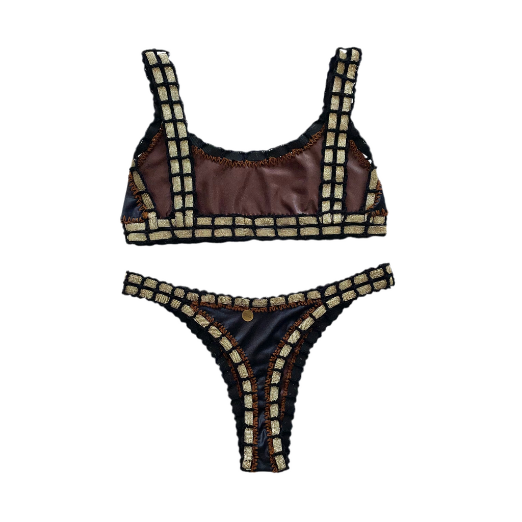 Bikini artesanal TOP SPORT negro wet & chocolate - GALATEA SWIMWEAR