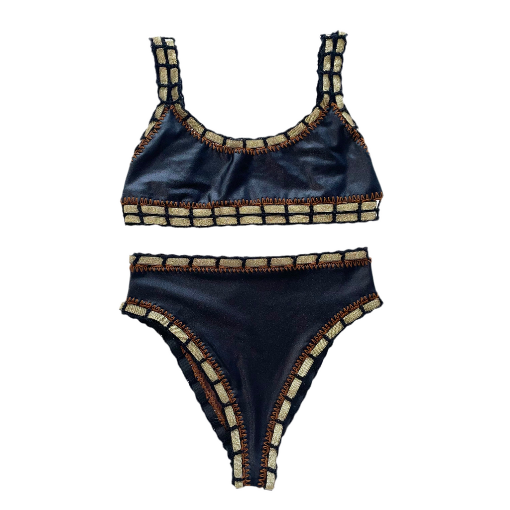 Bikini artesanal TOP SPORT negro wet & chocolate - GALATEA SWIMWEAR