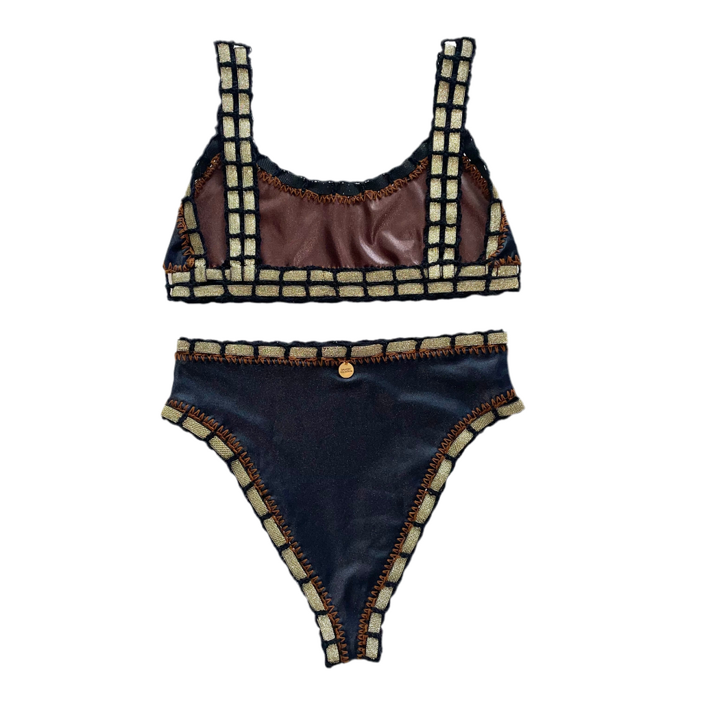 Bikini artesanal TOP SPORT negro wet & chocolate - GALATEA SWIMWEAR