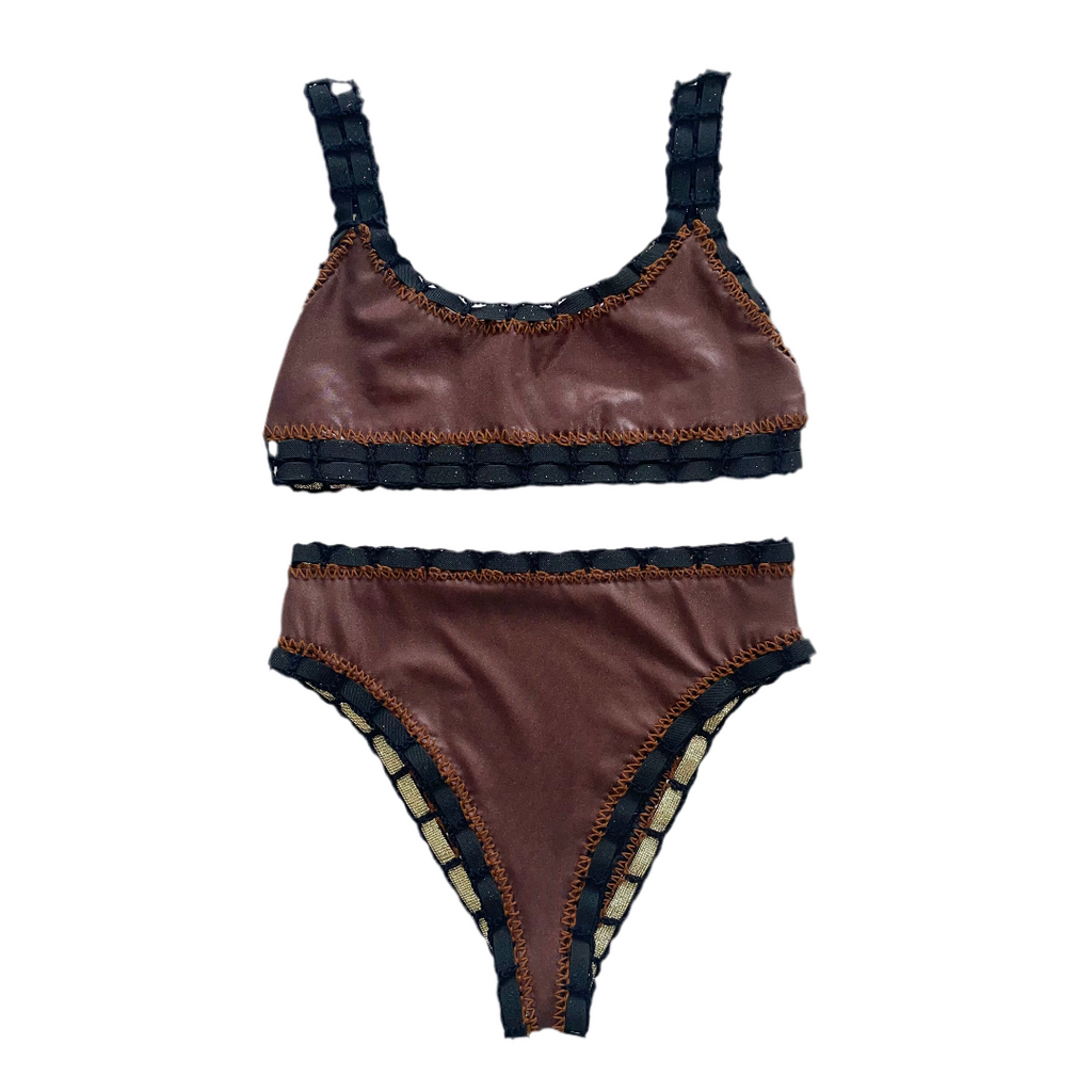 Bikini artesanal TOP SPORT negro wet & chocolate - GALATEA SWIMWEAR