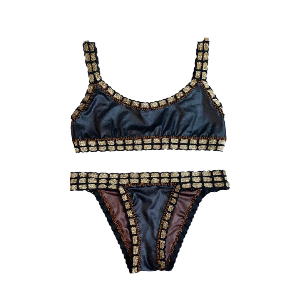 Bikini artesanal TOP SPORT negro wet & chocolate - GALATEA SWIMWEAR