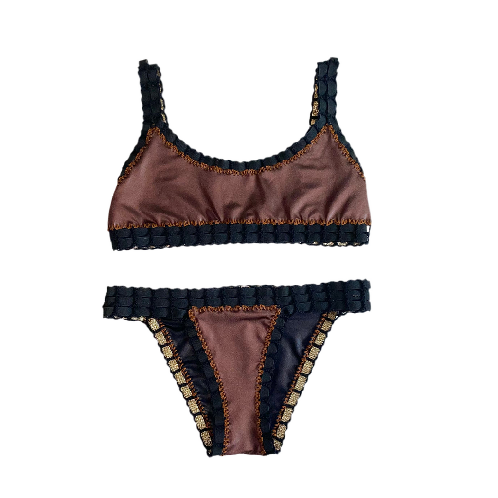 Bikini artesanal TOP SPORT negro wet & chocolate - GALATEA SWIMWEAR