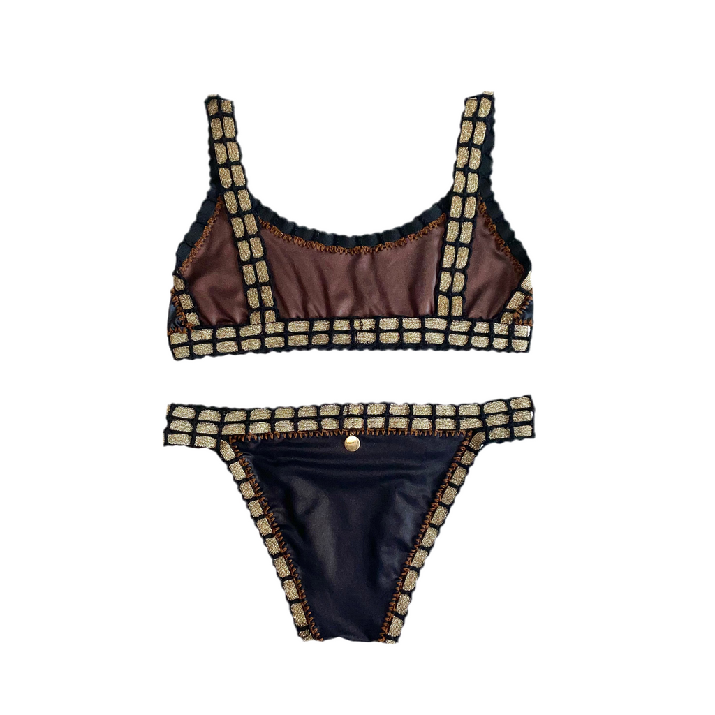 Bikini artesanal TOP SPORT negro wet & chocolate - GALATEA SWIMWEAR