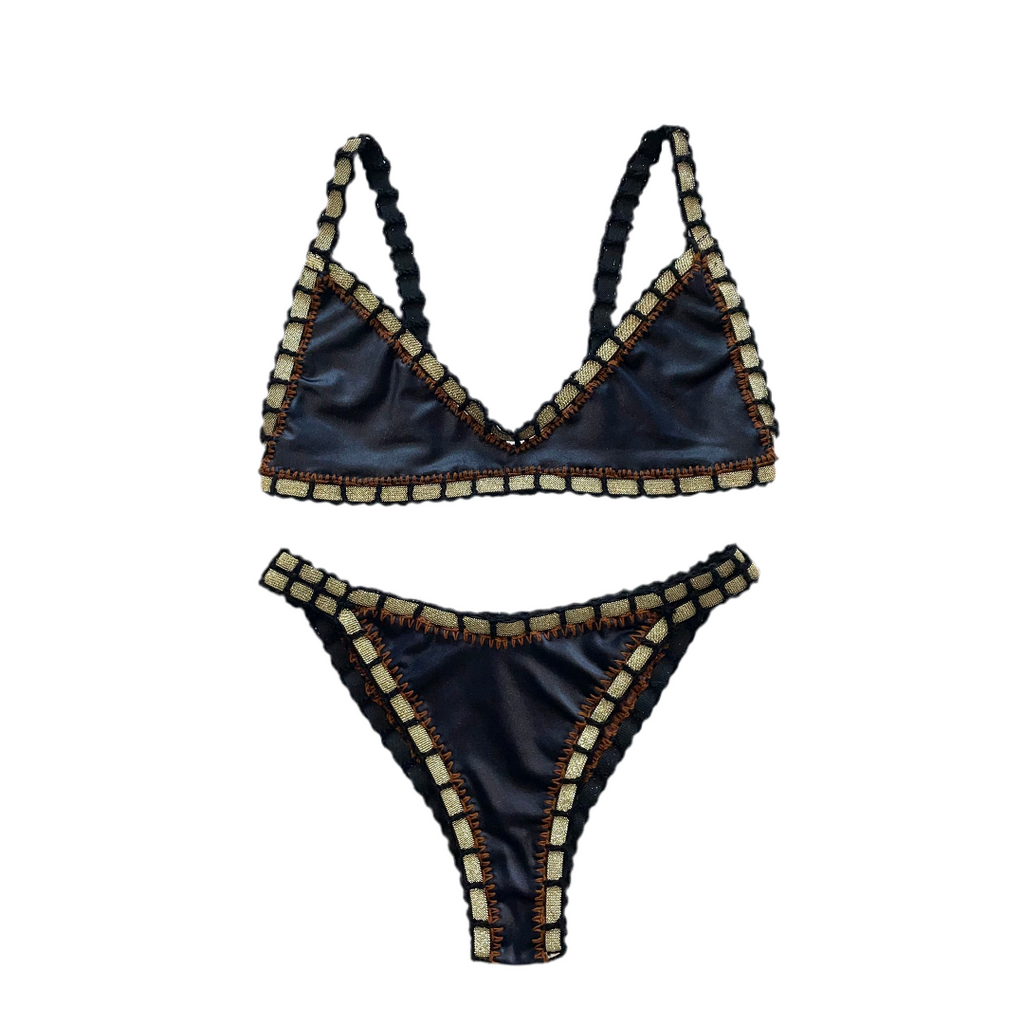 Bikini artesanal TOP BALCONETTE negro wet & chocolate - GALATEA SWIMWEAR