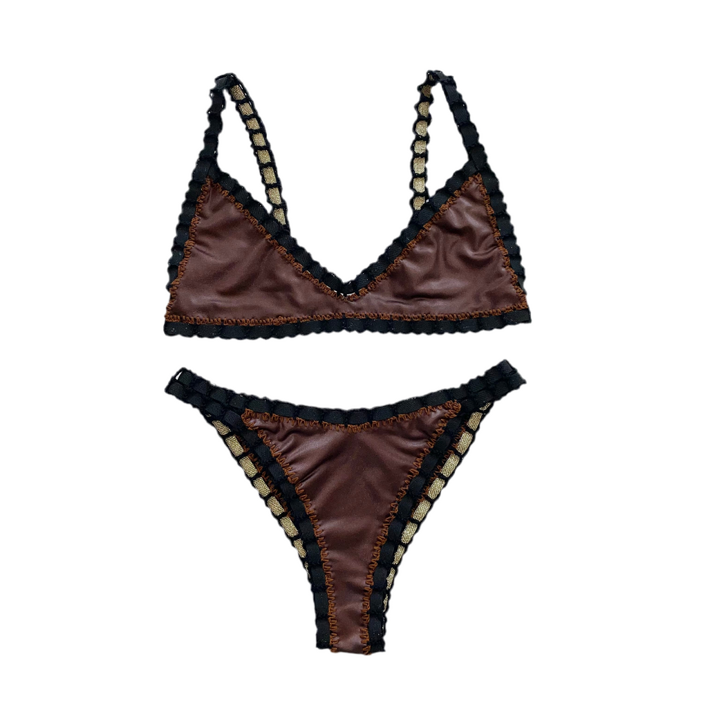 Bikini artesanal TOP BALCONETTE negro wet & chocolate - GALATEA SWIMWEAR