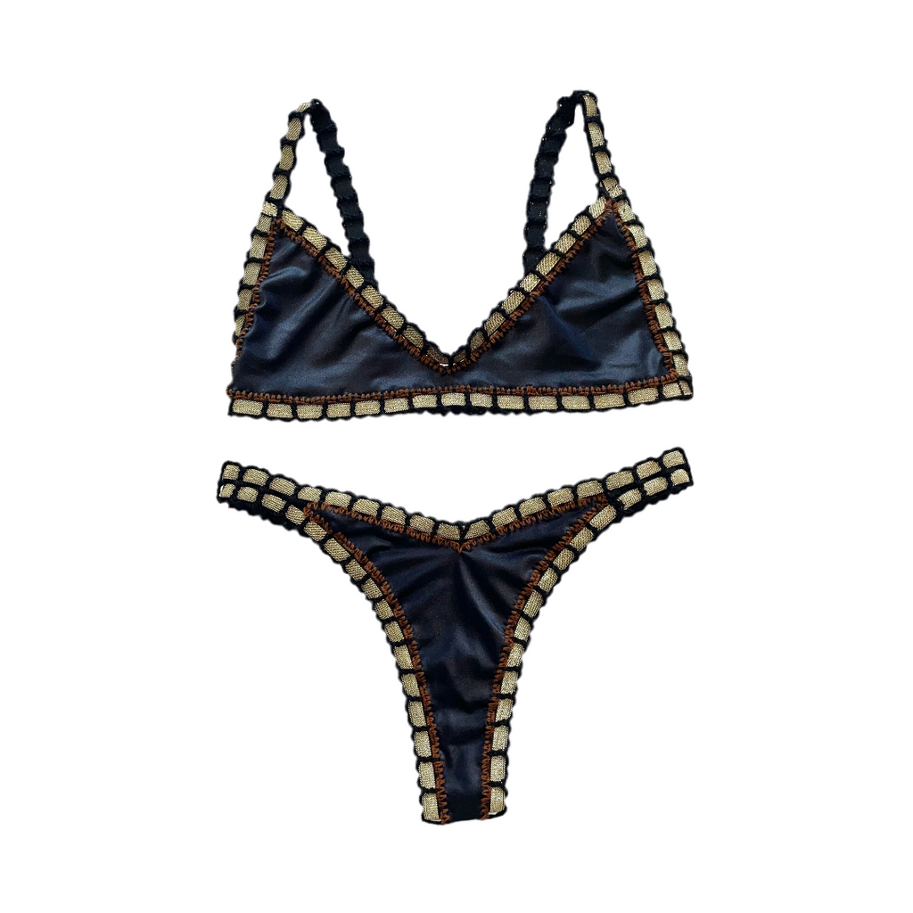 Bikini artesanal TOP BALCONETTE negro wet & chocolate - GALATEA SWIMWEAR