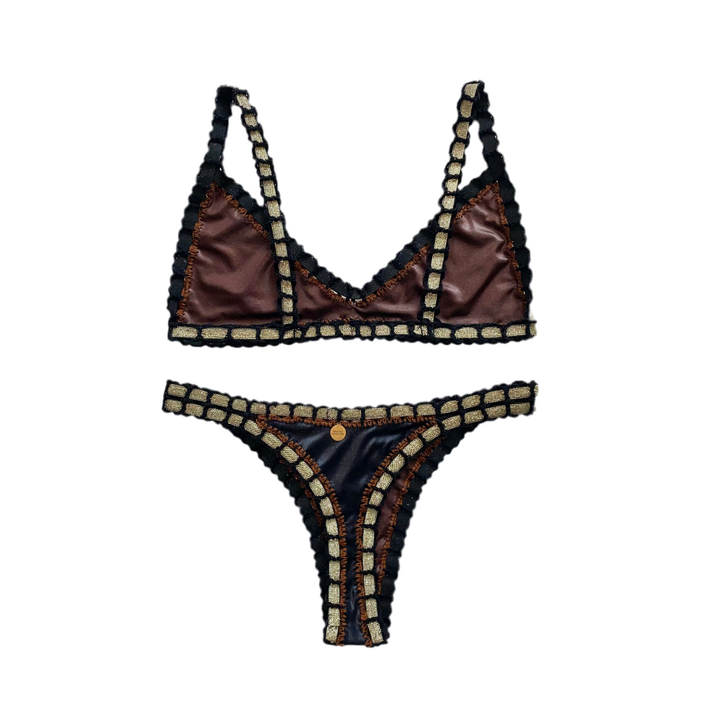Bikini artesanal TOP BALCONETTE negro wet & chocolate - GALATEA SWIMWEAR