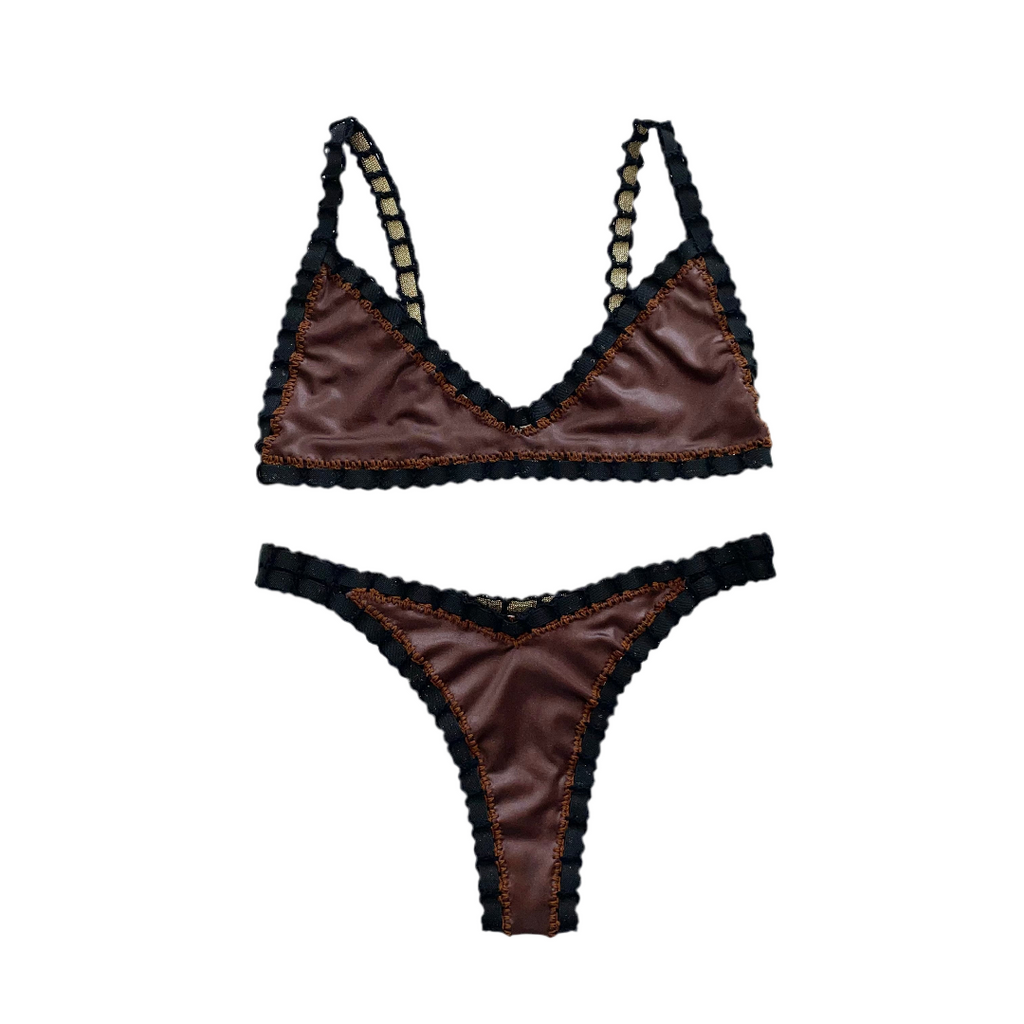 Bikini artesanal TOP BALCONETTE negro wet & chocolate - GALATEA SWIMWEAR