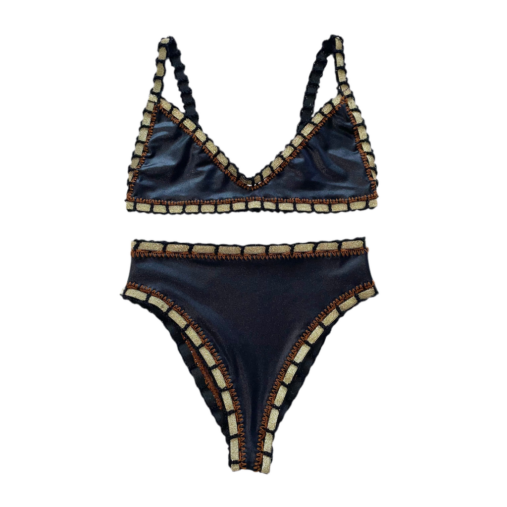 Bikini artesanal TOP BALCONETTE negro wet & chocolate - GALATEA SWIMWEAR