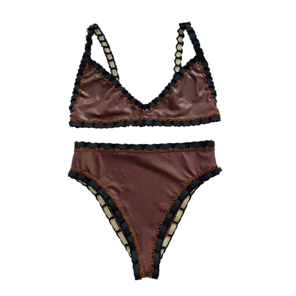 Bikini artesanal TOP BALCONETTE negro wet & chocolate - GALATEA SWIMWEAR