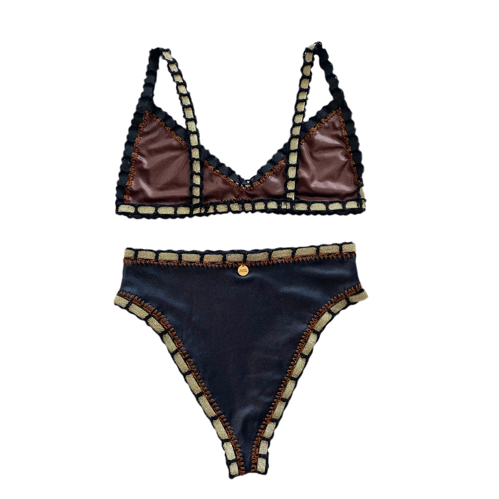 Bikini artesanal TOP BALCONETTE negro wet & chocolate - GALATEA SWIMWEAR