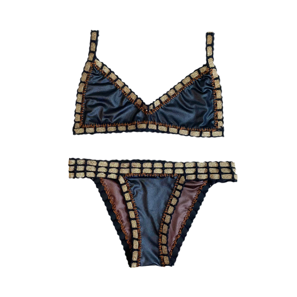 Bikini artesanal TOP BALCONETTE negro wet & chocolate - GALATEA SWIMWEAR