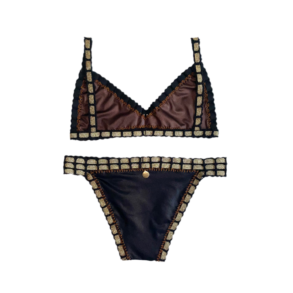 Bikini artesanal TOP BALCONETTE negro wet & chocolate - GALATEA SWIMWEAR
