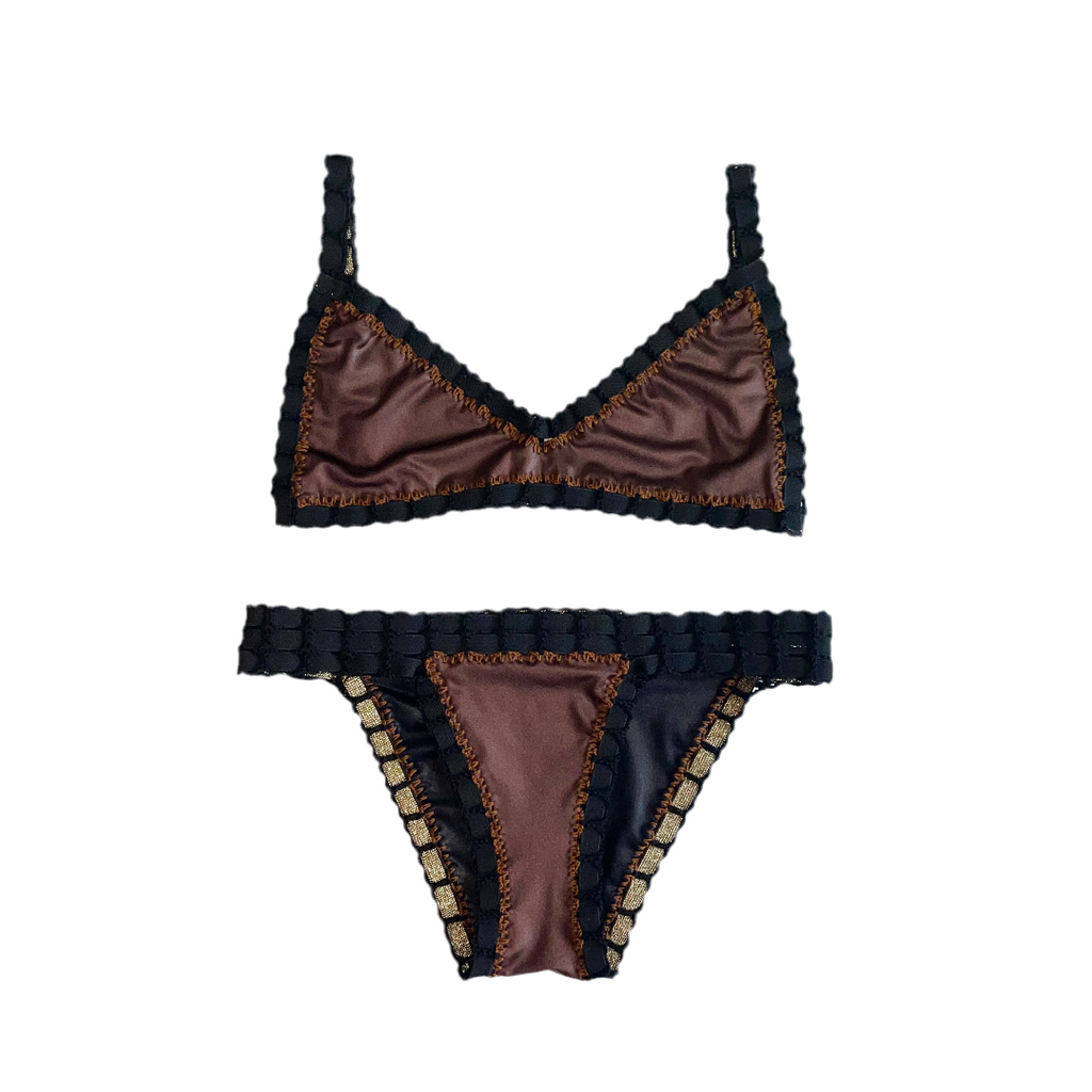 Bikini artesanal TOP BALCONETTE negro wet & chocolate - GALATEA SWIMWEAR
